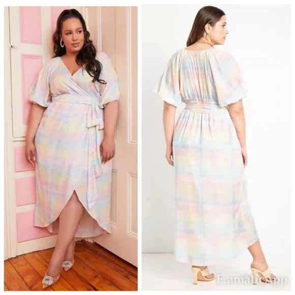 NWT ELOQUII Full Sleeve Wrap Dress - Lily Plaid - Picture 1 of 9